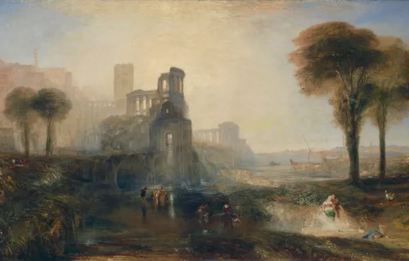 Картинка деревья, пейзаж, люди, картина, развалины, Уильям Тёрнер, Дворец Калигулы и Мост