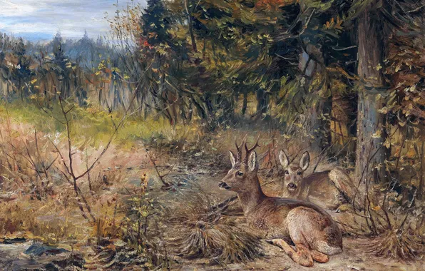 Трава, Деревья, Картина, Двое, Немецкий художник, Wilhelm Lorenz, Вильгельм Лоренц, Косули