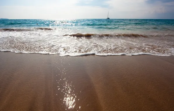 Картинка море, волны, пляж, яхта