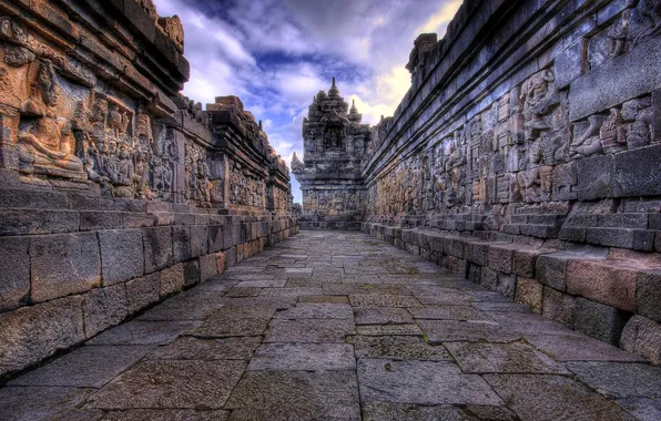 Небо, облака, барельеф, Камбоджа, храмовый комплекс, angkor wat, Ангко́р-Ват