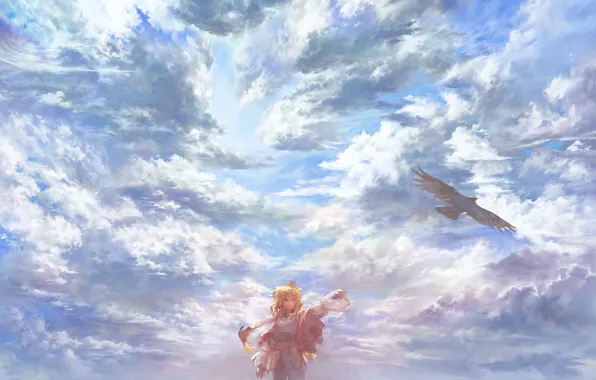 Картинка небо, облака, ветер, птица, Девушка
