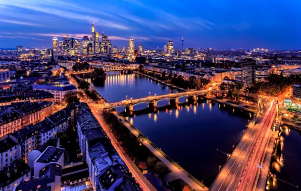 Огни, река, здания, Германия, панорама, мосты, ночной город, Germany