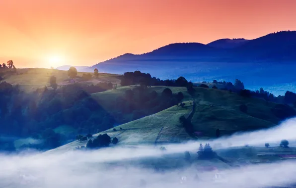 Картинка солнце, туман, рассвет, холмы, утро