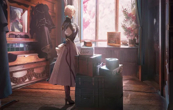 Зеркало, шкаф, в комнате, у окна, чемоданы, железная рука, со спины, Violet Evergarden