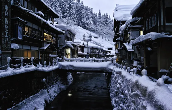 Картинка зима, снег, пейзаж, дома, Япония, фонари, мостики, источник