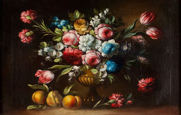 Картинка цветы, букет, ваза, фрукты, натюрморт