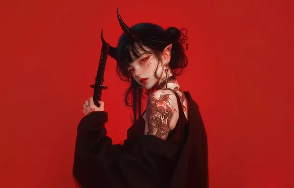 Girl, Devil, Tattoo, Katana, Demon, Horn, Red Background, AI Art