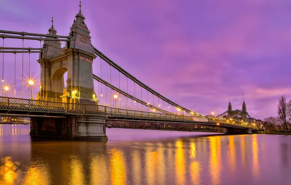 Мост, река, Англия, Лондон, вечер, фонари, London, England