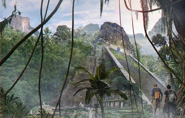 Лес, горы, пирамида, путешественники, Jungle temple