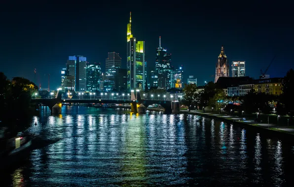 Light, Tree, Bridge, Frankfurt, Germany, Night, River, Reflection