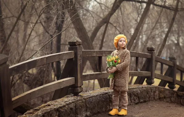 Картинка девушка, цветы, природа, ребенок, тюльпаны