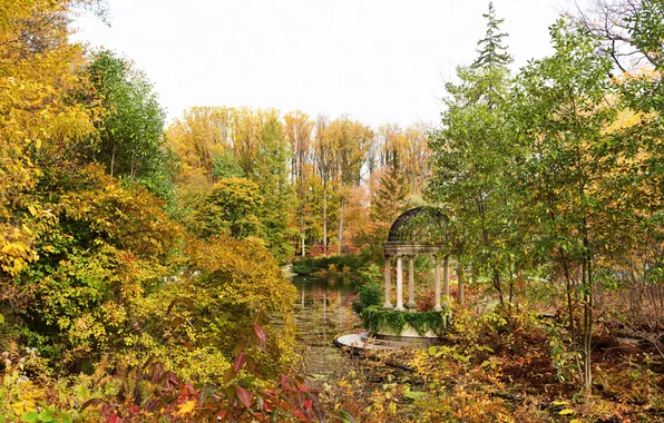 Картинка осень, листья, деревья, пруд, парк, США, беседка, Longwood Gardens