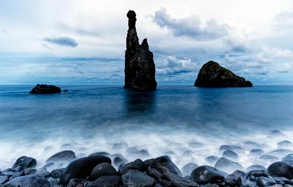 Облака, Море, Горизонт, Скала, Рассвет, Португалия, Rock, Побережье