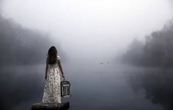 Картинка девушка, туман, озеро
