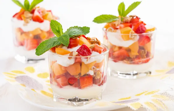 Картинка ягоды, фрукты, мята, десерт, фруктовый салат