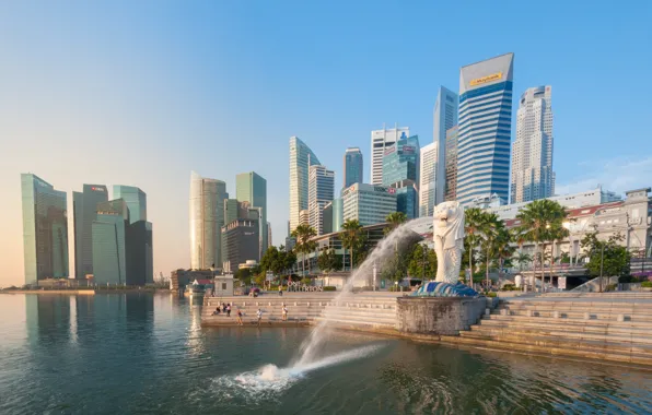 Здания, лестница, залив, Сингапур, фонтан, набережная, небоскрёбы, Singapore