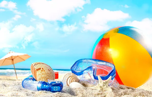 Песок, пляж, отдых, мяч, трубка, отпуск, ракушка, маска