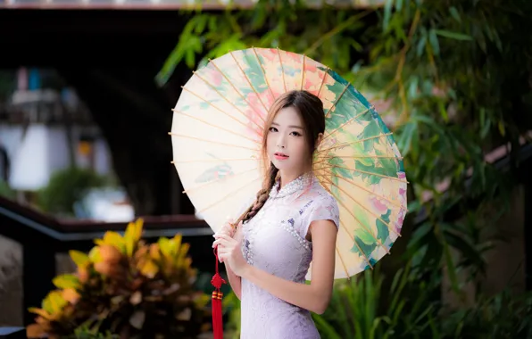 Картинка девушка, поза, зонт, платье, азиатка, боке