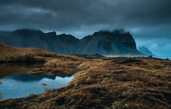 Картинка море, небо, облака, горы, тучи, природа, скалы, Исландия