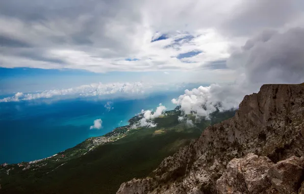 Море, небо, облака, пейзаж, горы, природа, скалы, побережье