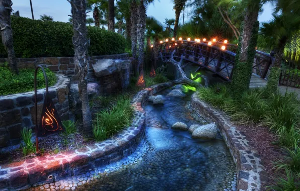 Картинка мост, ручей, лампы, Сказка, пальмовые деревья