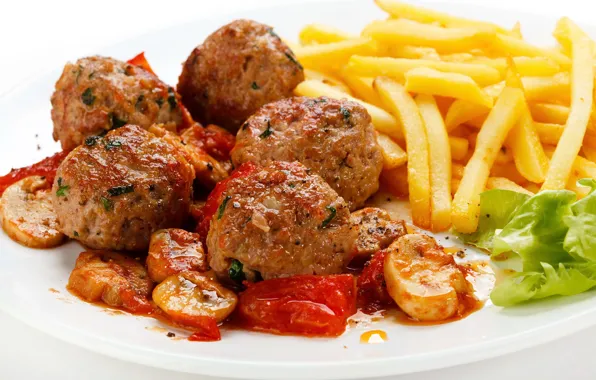 Мясо, овощи, помидоры, картофель фри, котлеты, тефтели