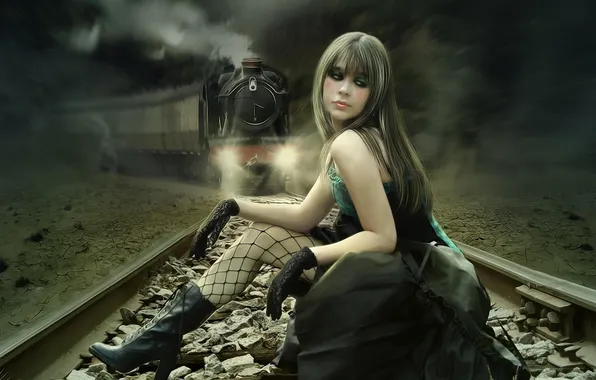 Картинка девушка, рельсы, поезд