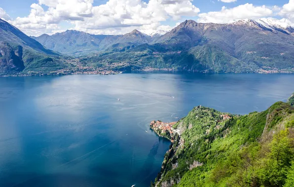Облака, горы, озеро, Италия, панорама, Lake Como