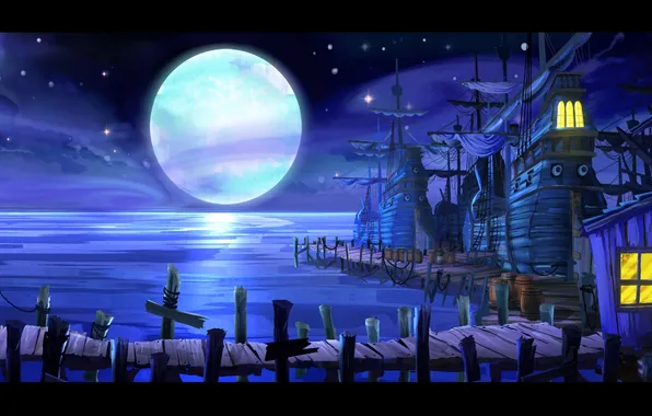Moon, sea, ocean, night, village, Monkey Island