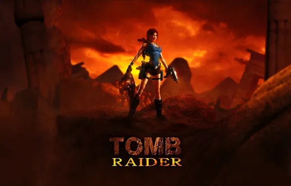 Закат, голова, Tomb Raider, руины, Lara Croft