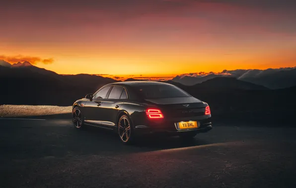 Закат, фары, Bentley, вечер, вид сзади, Flying Spur, 2020, Blackline