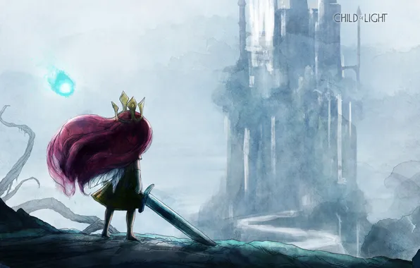 Картинка Wallpaper, Castle, Crown, Sword, Child of Light, Purple Hair