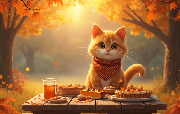Осень, кошка, взгляд, солнце, свет, деревья, ветки, стакан