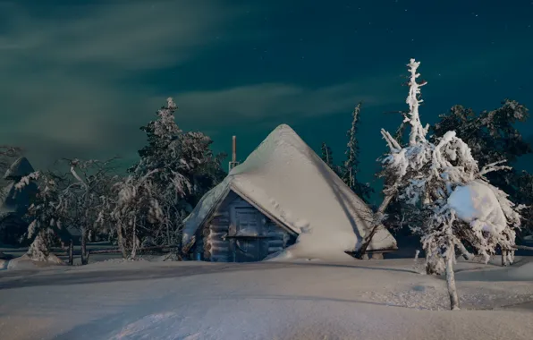 Картинка зима, снег, деревья, пейзаж, ночь, природа, избушка, домик