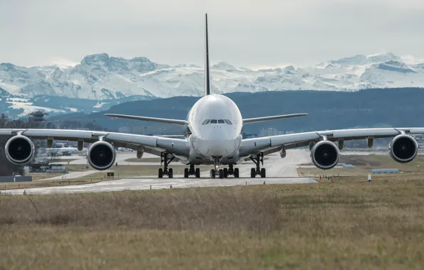 Картинка самолёт, реактивный, пассажирский, широкофюзеляжный, двухпалубный, Airbus A380, четырехдвигательный