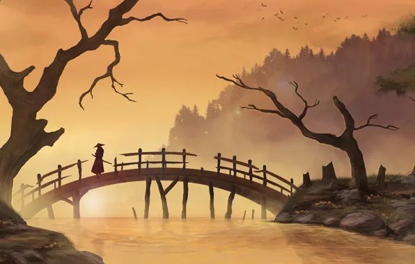 Деревья, мост, река, азия, арт, самурай, мужчина
