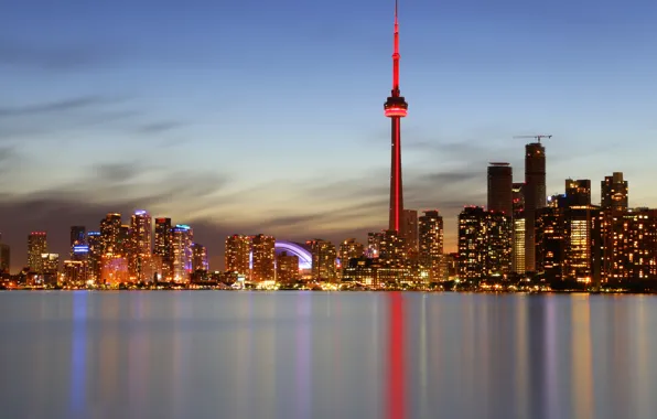 Облака, озеро, отражение, вечер, Канада, Торонто, озеро Онтарио, CN Tower