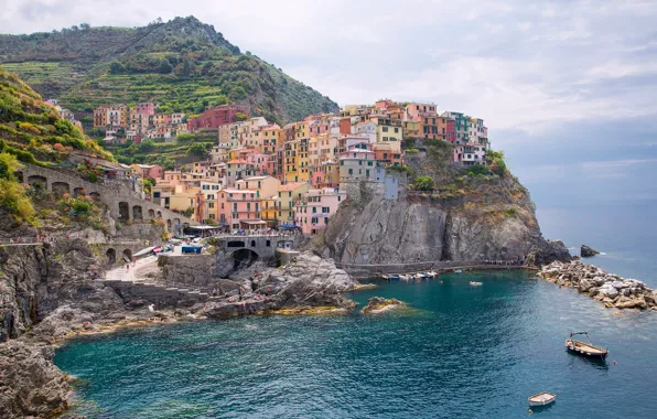 Море, пейзаж, скалы, побережье, здания, Италия, Italy, Лигурийское море