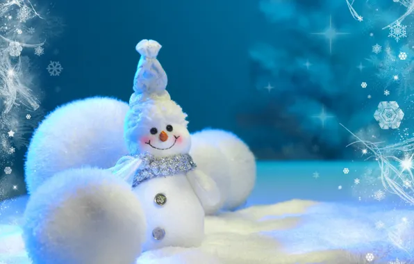 Картинка снег, снежинки, улыбка, праздник, шары, волшебство, снеговик, снежные