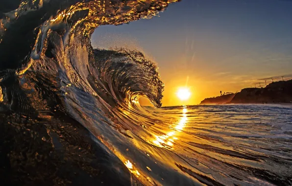 Картинка sea, coast, nature, sunset, sun, reflection, Waves, depth of field