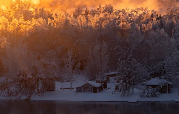 Winter, snow, dawn, cabins
