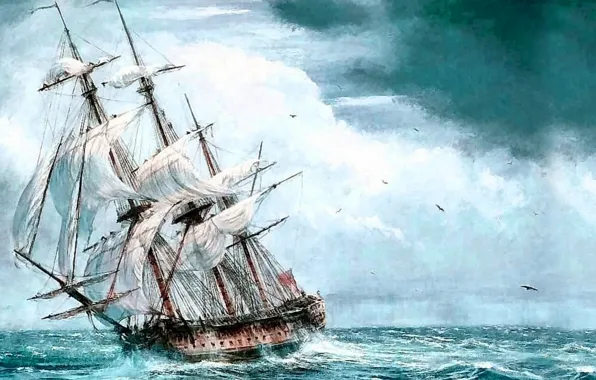 Картинка море, корабль, парусник, картина, живопись, painting