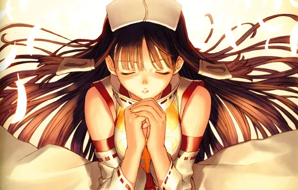 Свет, перья, жрица, длинные волосы, art, молитва, shining hearts, tony taka