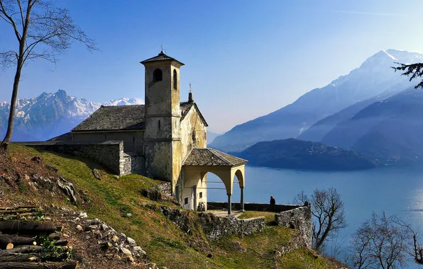 Картинка горы, озеро, Италия, церковь, Ломбардия, Донго