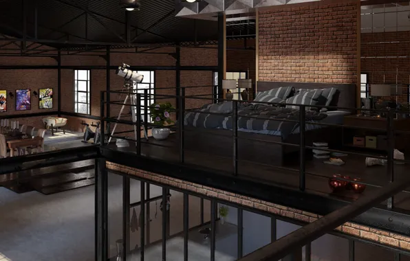 Мебель, интерьер, телескоп, помещение, Loft