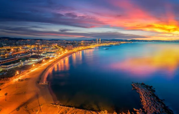 Картинка небо, закат, город, панорама, Испания, Барселона