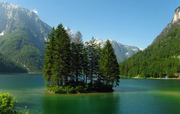 Вода, деревья, горы, природа, озеро, остров