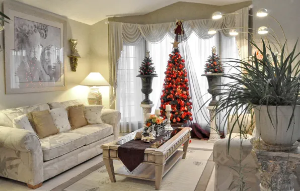 Картинка диван, праздник, лампа, елка, картина, Новый Год, Рождество, ваза