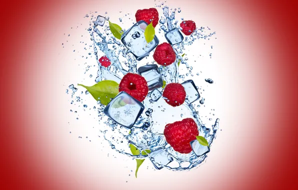 Картинка лед, вода, капли, малина, ice, water, drops, raspberry