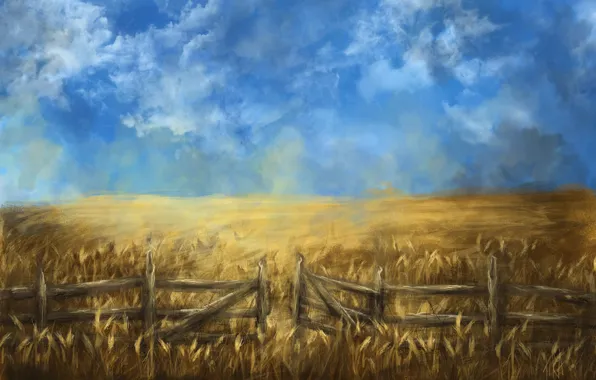 Картинка пшеница, поле, лето, облака, забор, арт, колосья